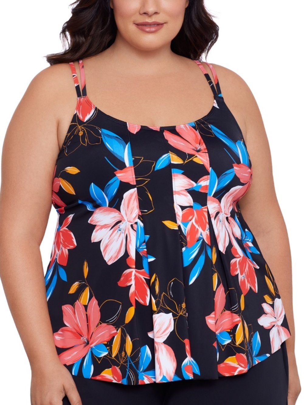 Swim Solutions Plus Size Floral-Print Pleated Tankini Top Floral Park